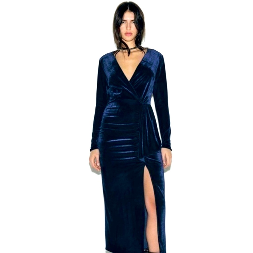 Zara Ruched Velvet Midi Dress Blue